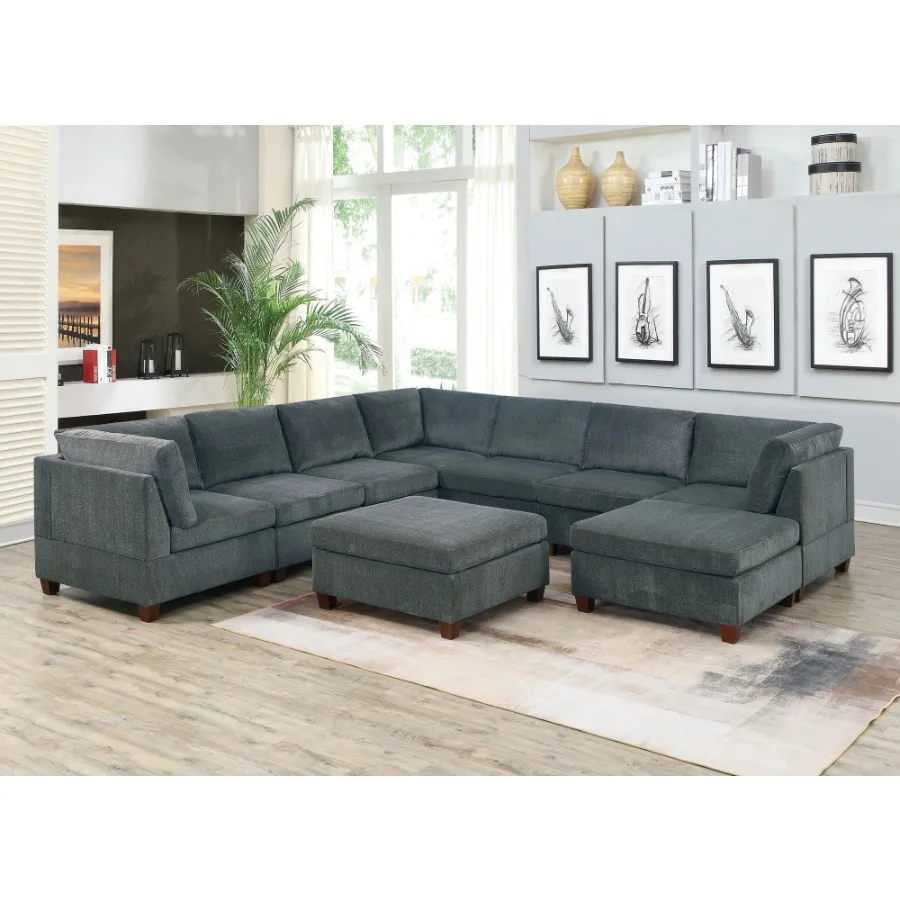 

Living Room Furniture Grey Chenille Modular Sectional 9pc Set Large Family U Sectional Modern Couch 3x Corner Wedge 4x Armless