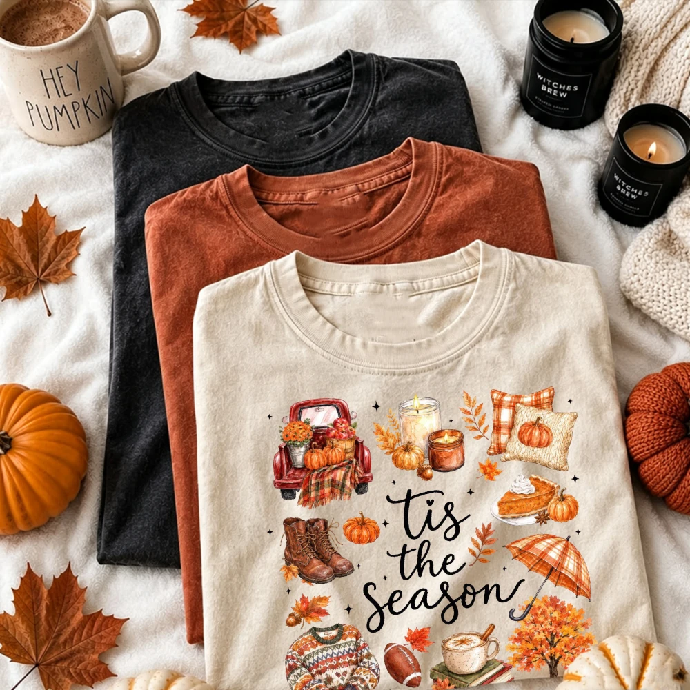 Tis The Season Fall Elements Collage Graphic Women Casual Short Sleeve Cotton T-Shirt Vintage Autumn Holiday Warm Cozy Tee