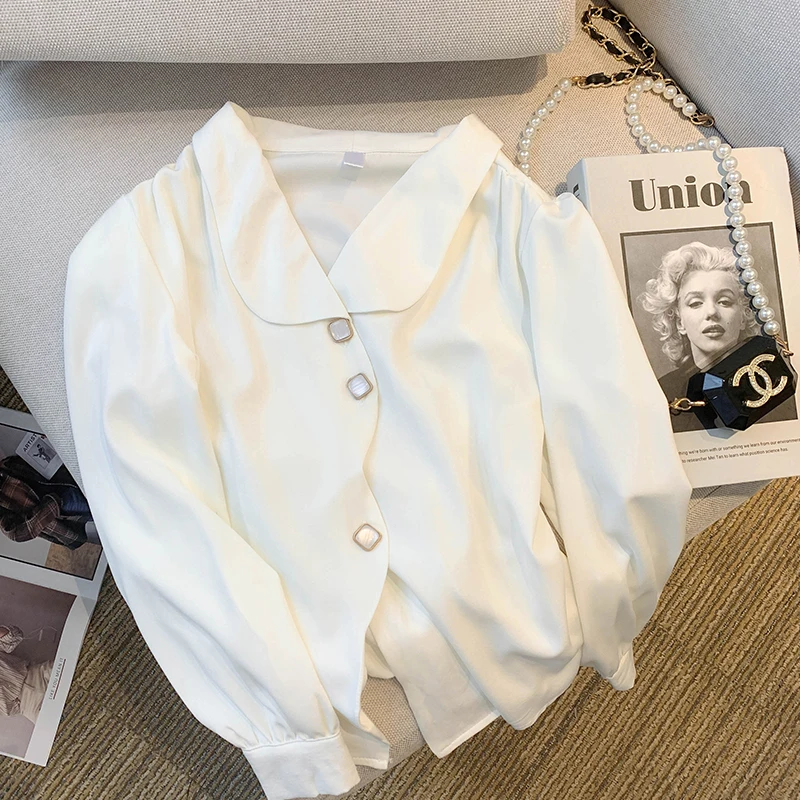 تصميم فاخر غير متناظرة طية صدر السترة كم طويل قميص المرأة أنيقة الفرنسية موضة بلوزة بيضاء الخريف الكورية شيك مكتب القمم جديد #2