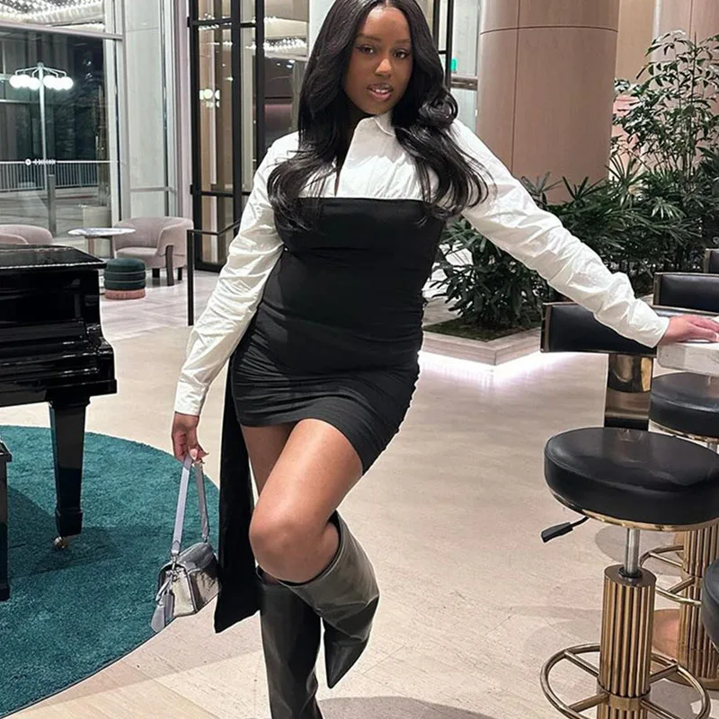 Doyerl noir blanc Patchwork à manches longues chemise robe femmes printemps automne col rabattu gaine mince Club fête Mini robe