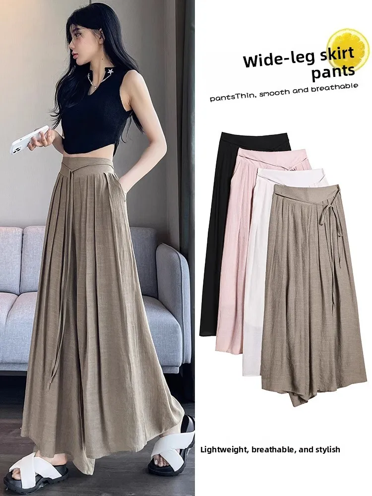 Summer Thin Cotton Linen Wide Leg Pants Women's High Waist Trousers Draped Waist Cinched Belted Long Casual Pants