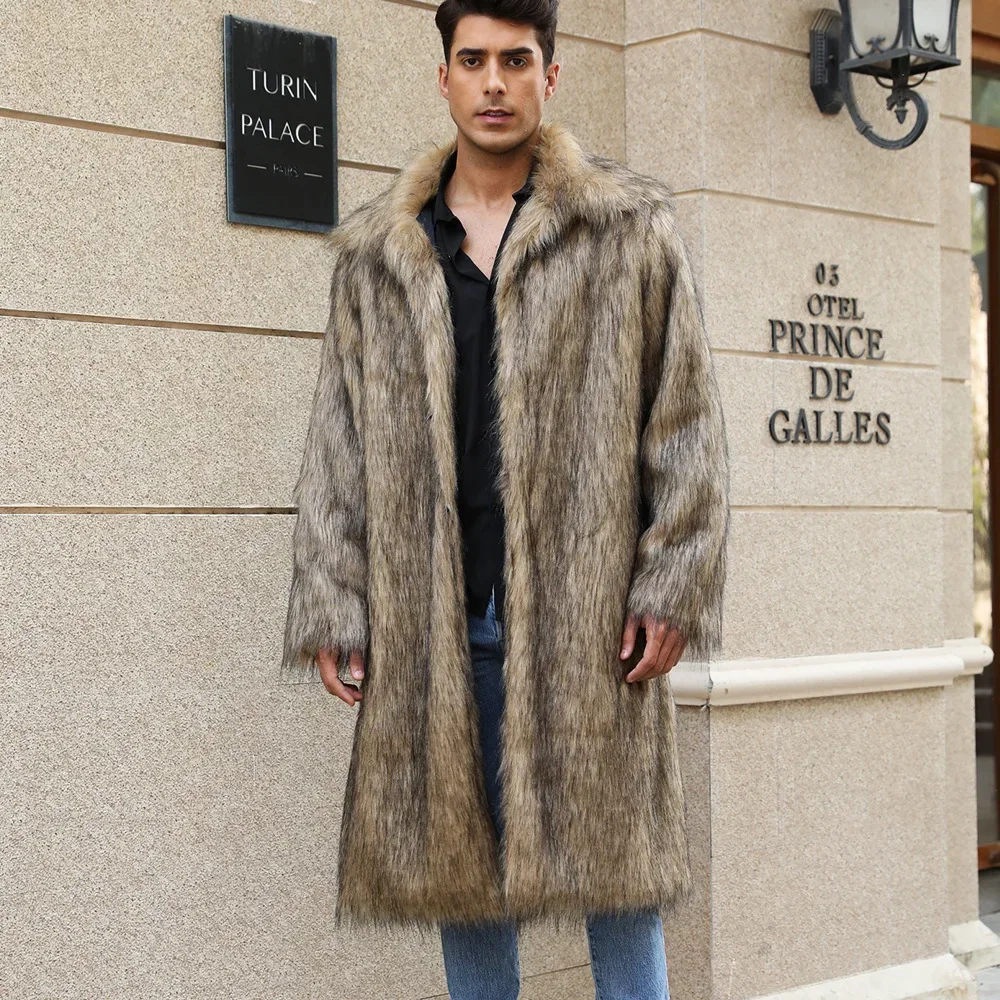 

Men Faux Fox Fur Jacket Coat Turn Down Collar Winter Thick Fluffy Long Sleeve Warm Shaggy Outerwear Luxury Fur Long Jackets Mens