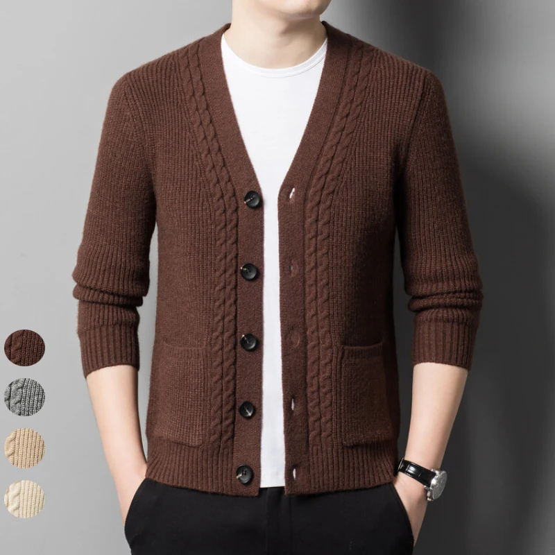 Solid Color V-neck Men's Autumn Daily Warm Cardigan, Single-breasted Slim , Stretchable, Vertical Striped Long-sleeved Sweater.