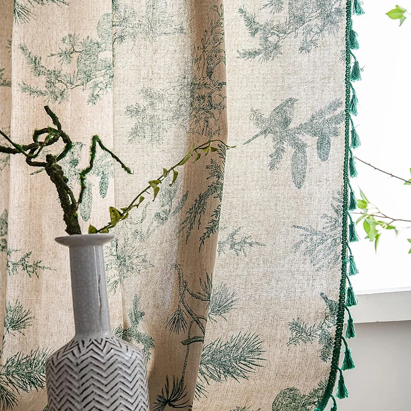Green Floral Curtains 84 Inch Length Farmhouse Vintage Pattern Window Curtain for Living Room Bedroom Sliding Doorway Decoration