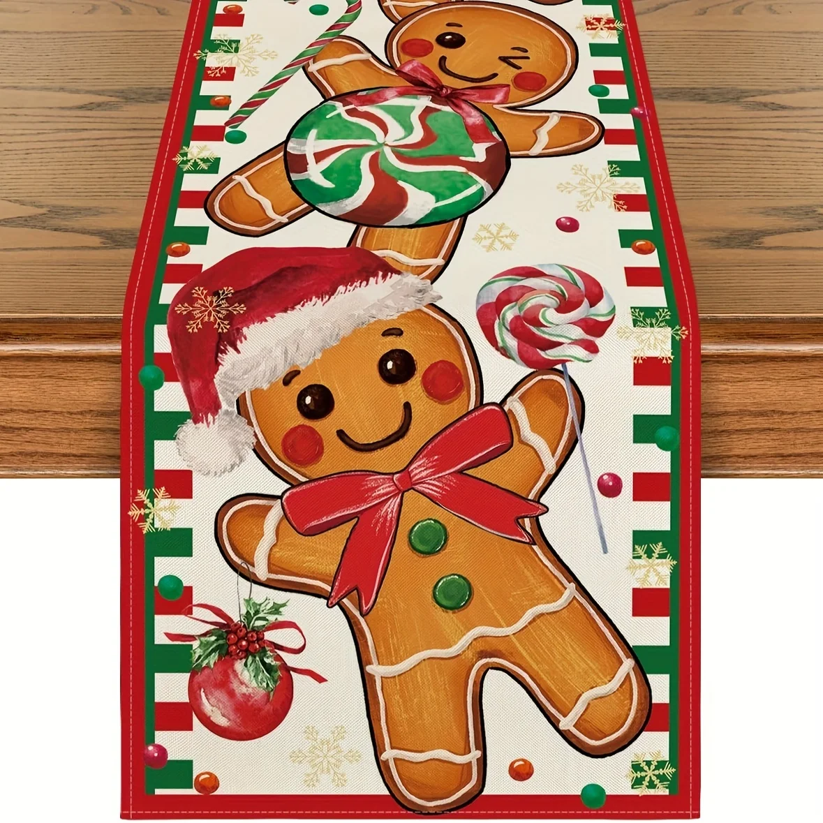 Merry Christmas Gingerbread Candy Cane Design Pattern Table Runner for Holiday Party Kitchen Dining Home Decoration Table Flag