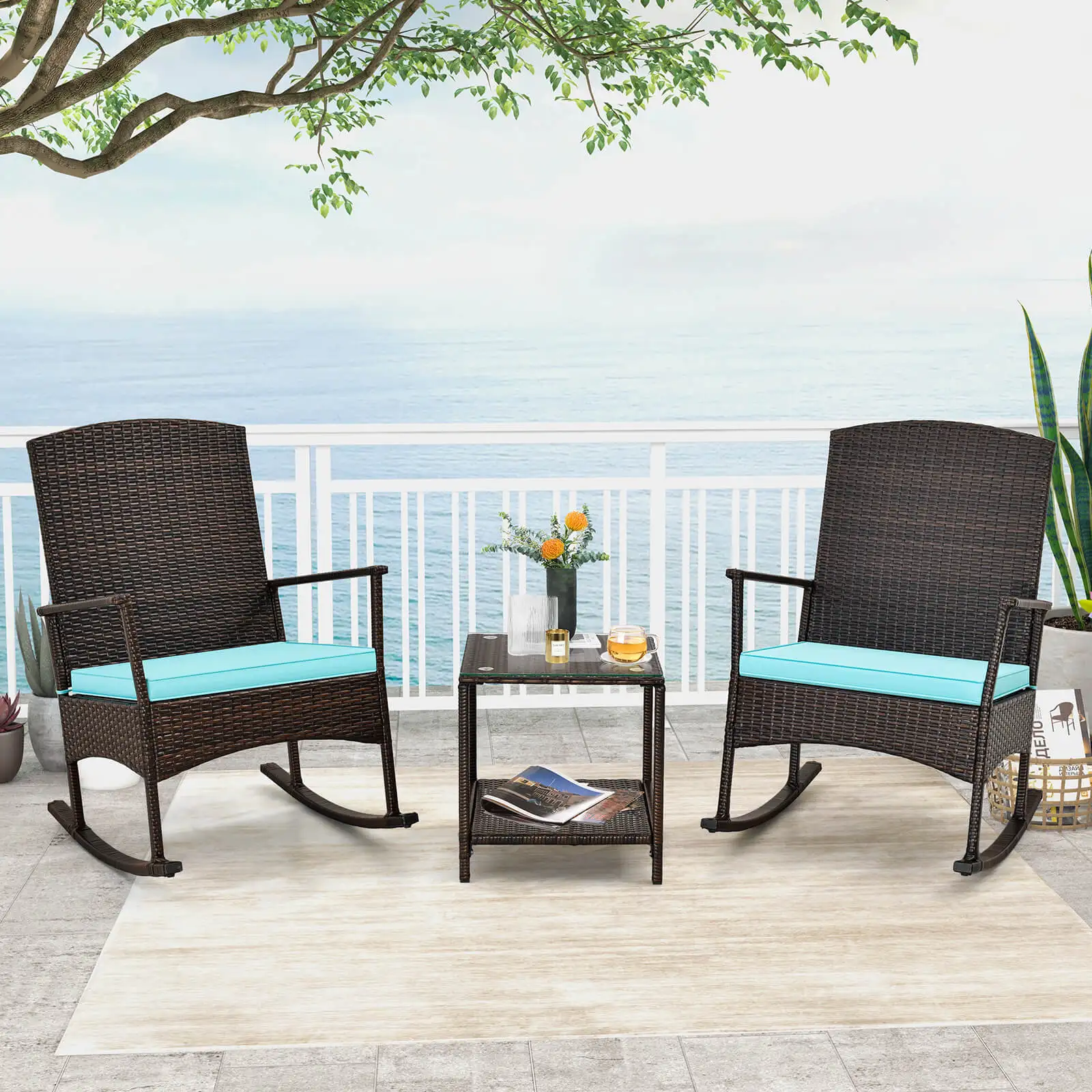 3 Piece Patio Rocking Set Wicker Rocking Chairs with 2-Tier Coffee Table Turquoise