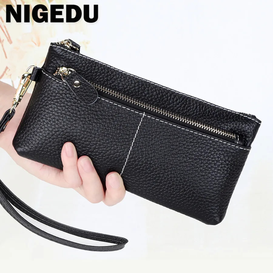 

100% Cowhide Leather Women Wallet New Arrivals Zipper Purse High Capacity Ladies Card Wallet Wrist phone bags Clutch Bag