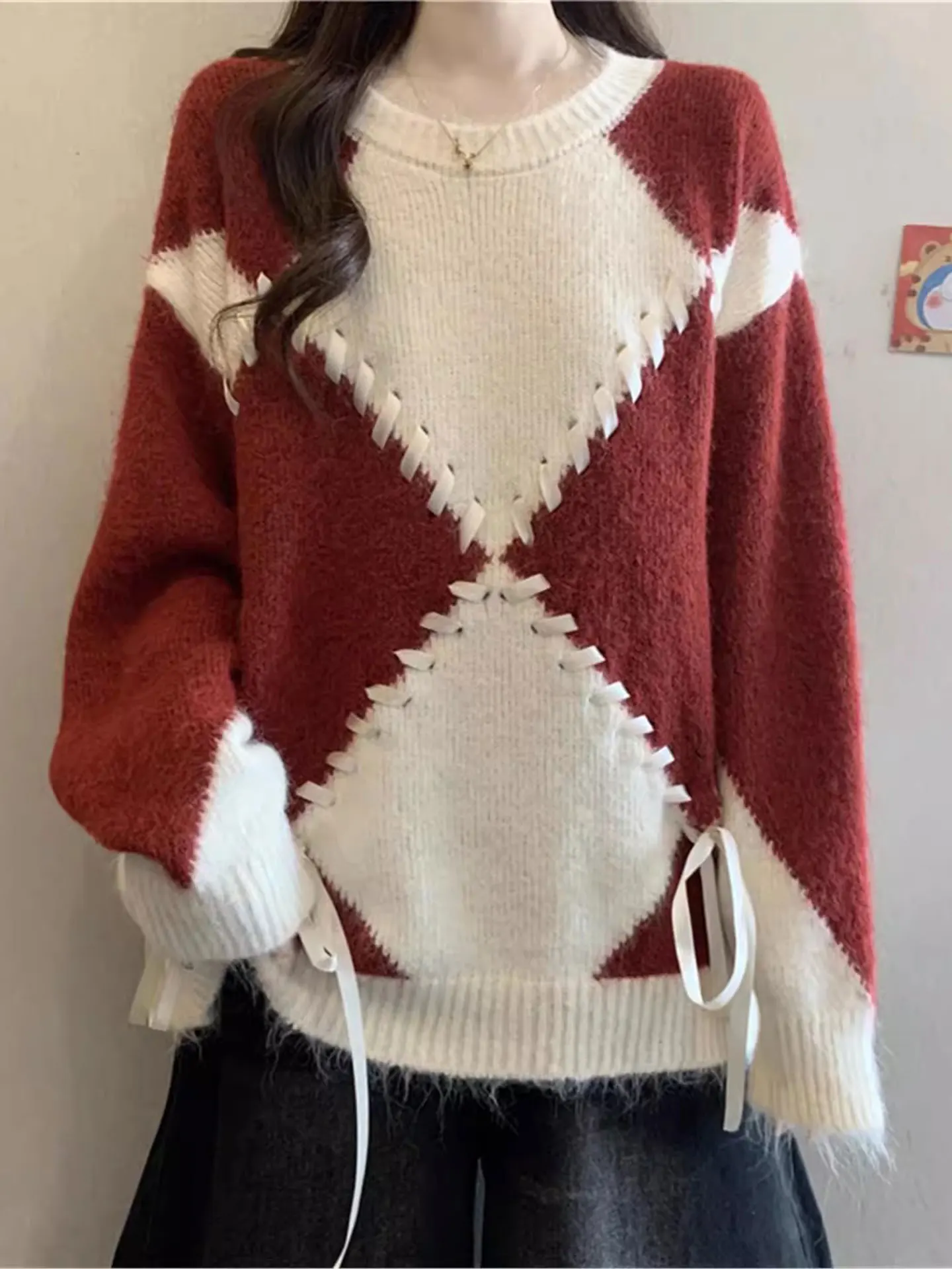 

Red Knitted Long Sve Sweater Women's Large Size Autumn Winter Casual Sle Faionable Age-Defng Top Trendy Product