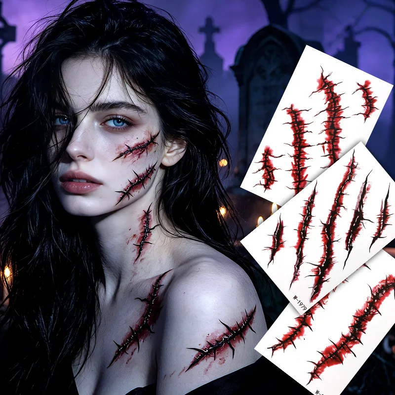 Halloween Simulation Suture Wound Tattoo Patch Personalized Face Decal Waterproof Lasting Western Disposable Cosmetic Sticker