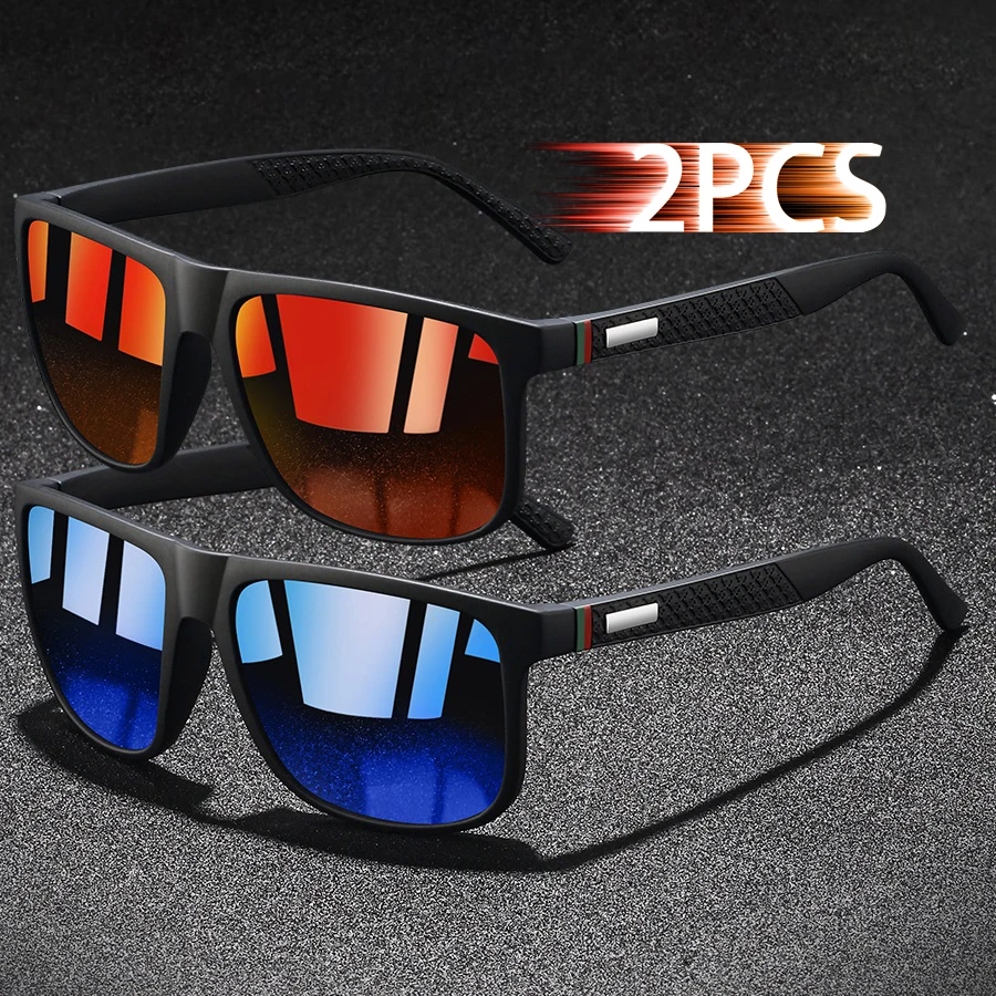 2PCS Fashion Classic Square UV400 Sunglasses Men Women Driving   Fishing  Colorful Trendy Lightweight Outdoor Goggles