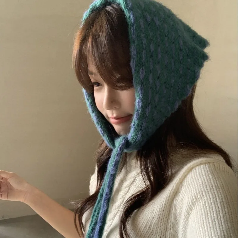 

Korean Ins Autumn and Winter Striped Triangle Towel Autumn and Winter Ear Protection Contrasting Color Warm Lace-up Women Shawl
