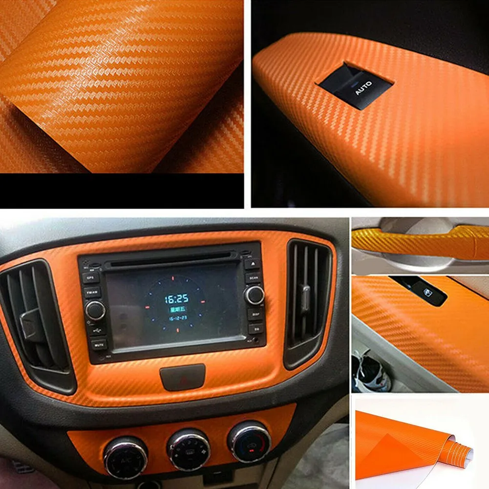 Car Orange Carbon Fiber Vinyl Wrap Sticker Interior Accessories Panel 50x12Inch