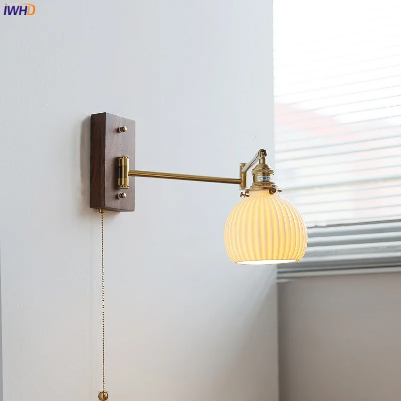 

IWHD Pull Chain Switch Modern Wall Lamp Sconce Beside Bedroom Living Room Stair Light Copper Arm Left Right Rotate Applique LED