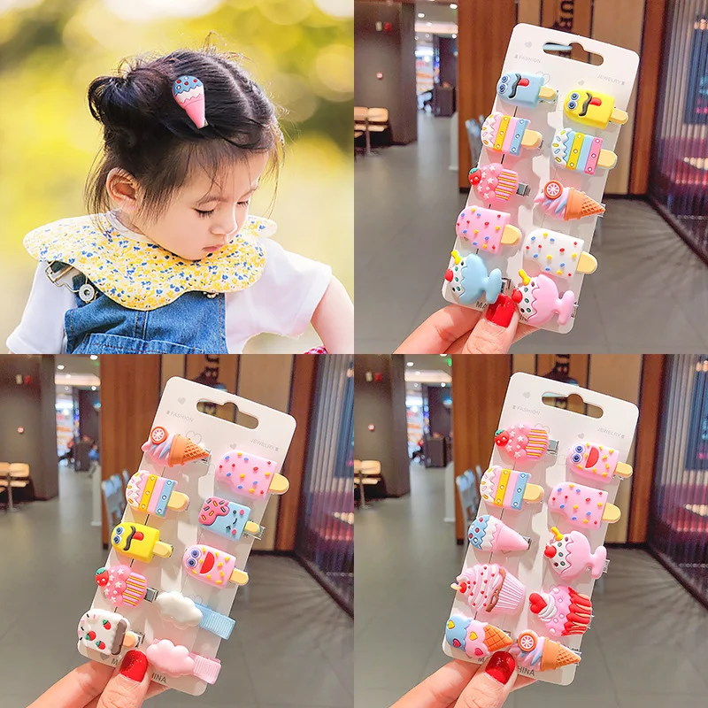 10pcs Kids Hair Clips Soft Gel 10pcs Set Girls Hair Clips Cute BB Clips Side Clips Cartoon Hair Cards