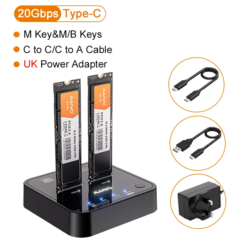 MAIWO Dual Bay M.2 NVMe SATA SSD Behuizing 20Gbps Offline Kloon Docking Station USB3.2 C Gen2 M2 Harde Schijf Kopieer Externe Case