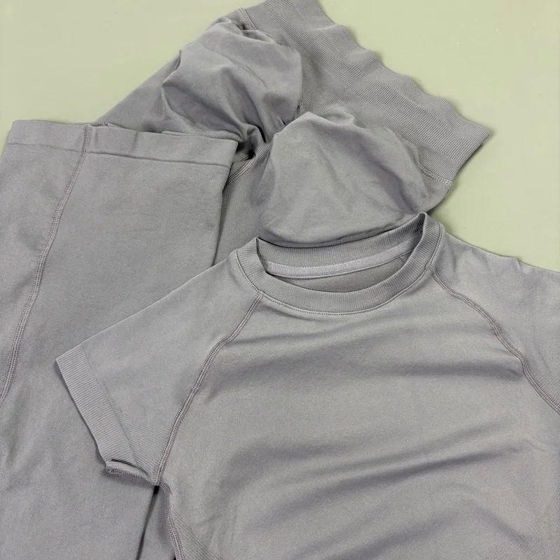 2-teiliges Sport-Kurzarm-Top-Set Einfarbig Sexy Yoga T-Shirt Damen Fitness Schlaghose Nahtloses Gym Kurzarm-Top-Set – Detail 13