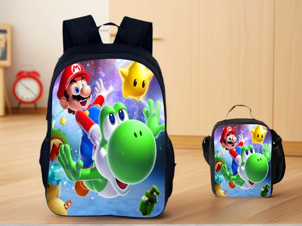 

Children Canvas School Backpack with Insulated Lunch Box Set,Super Mario Cartoon Book Bag Durable Knapsack
