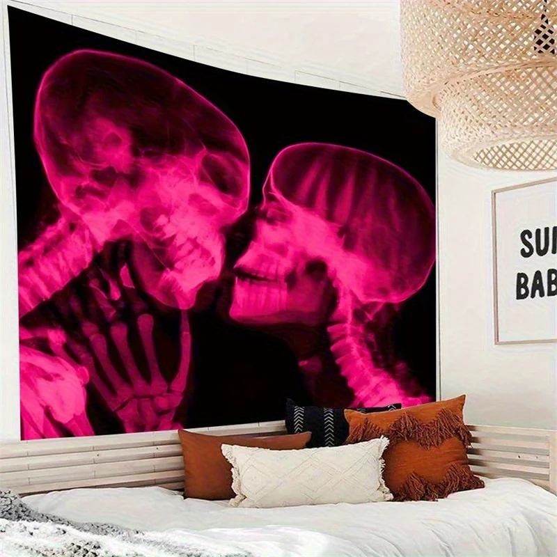 VIKAMA Dark Romantic Tapestry Pink Skull X-Ray Kissing Design Living Room Music Corner Gothic Style Decorative Home Decor