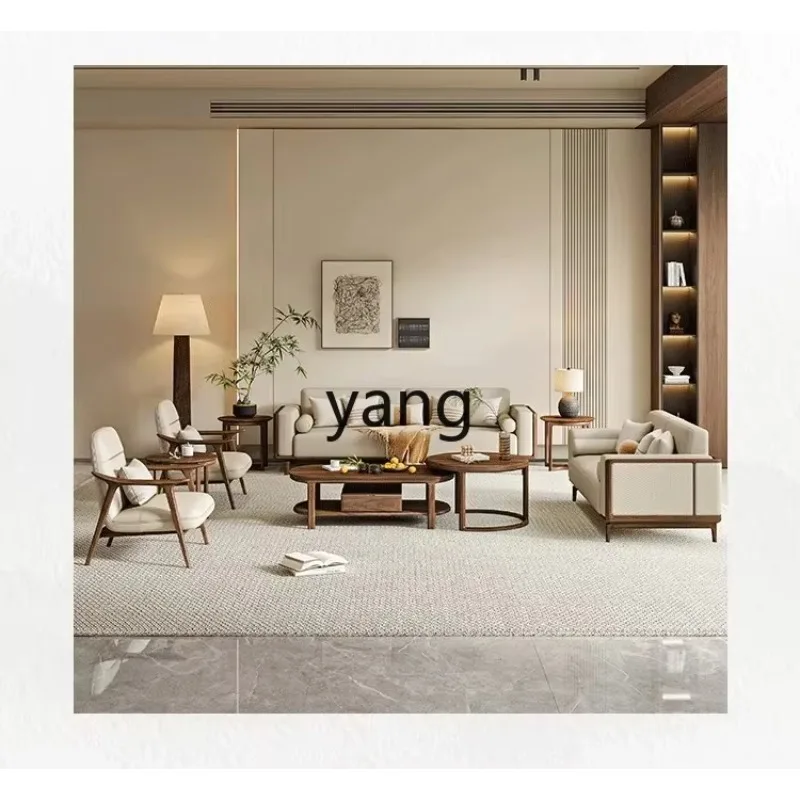 LTT black walnut sofa solid wood living room villa light luxury new Chinese leather furniture