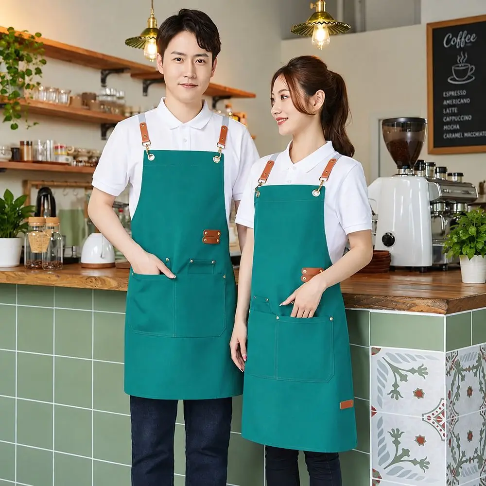 Water Resistant Work Apron Adjustable Straps Oil Resistant Canvas Apron Crossback Straps Large Front Pockets Restaurant Apron