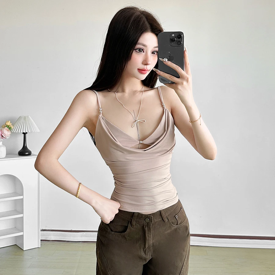 

SylCue Solid Ruched Sling Vest Women Off Shoulders Sexy Cleavage Irregular Patchwork Navel Exposed Street Y2K Elegant Style Tops