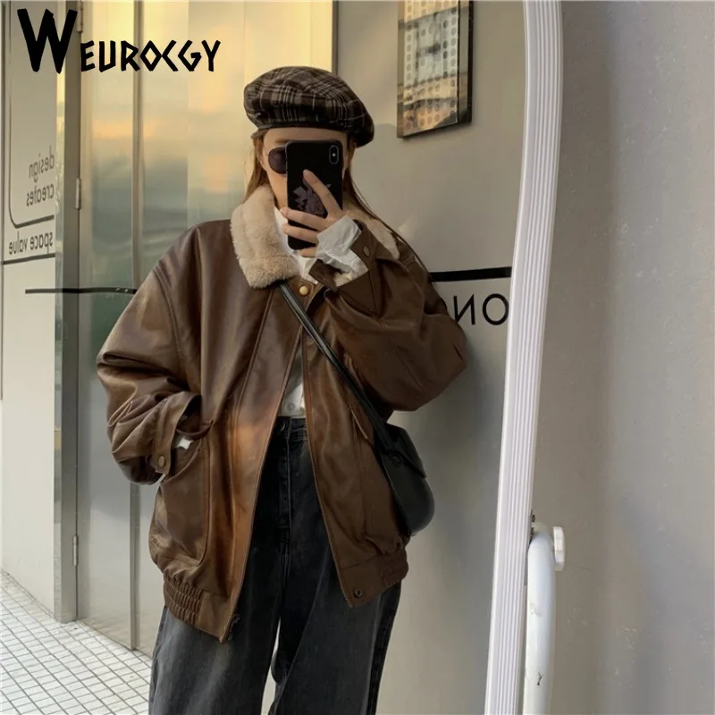 2024 New Style Winter Fleece Leather Jacket Women Streetwear Zipper Leather Jacket Casual Vintage Loose Thick Leather Coat