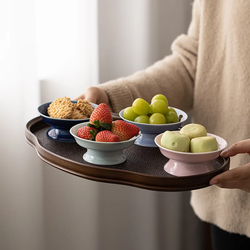 Refreshment Plate, Ceramic Fruit Plate, Small Living Room Household Snack Plate, High-Footed Fruit Tray, Nut Plate.