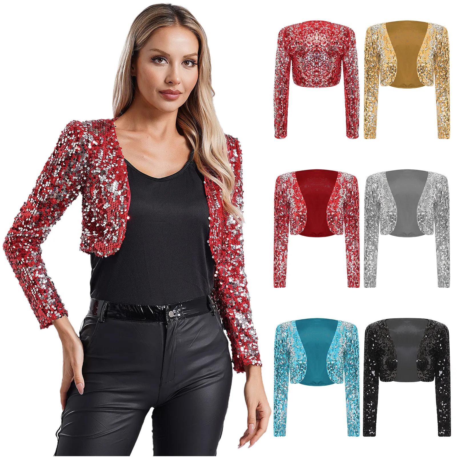 Fashion Women Sequin Jacket Open Front Long Sleeve Coat Crop Cardigan Shrug for Halloween Cocktail Club Party Clubwear Outerwear