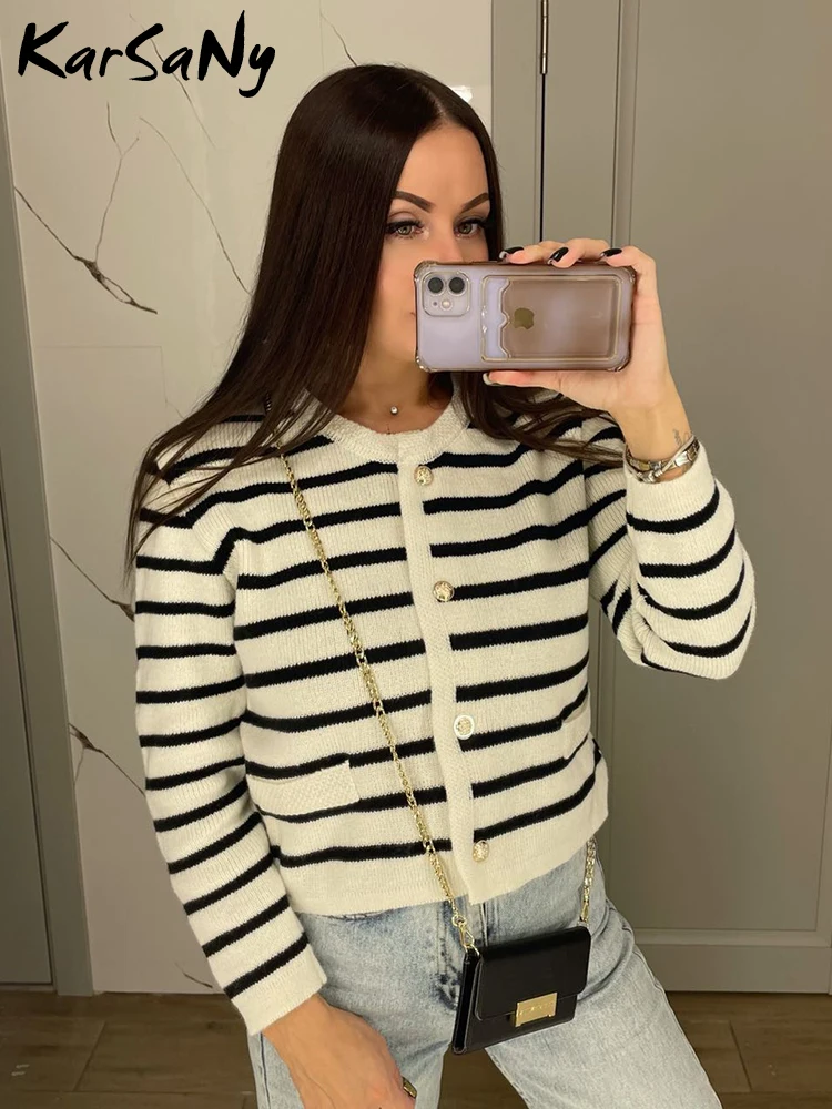 Autumn Women\'s Clothes O-neck Stripes Cardigan Knitted Coats For Woman Long Sleeve Casual Button Slim Sweater Office Lady Outfit