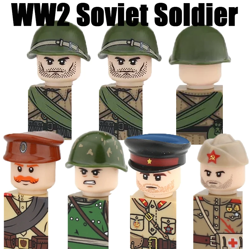 WW2 Military Soviet Union Assault Soldier Figures Building Blocks WW1 Army War Warior Infantry Accessories Gun Weapon Bricks Toy