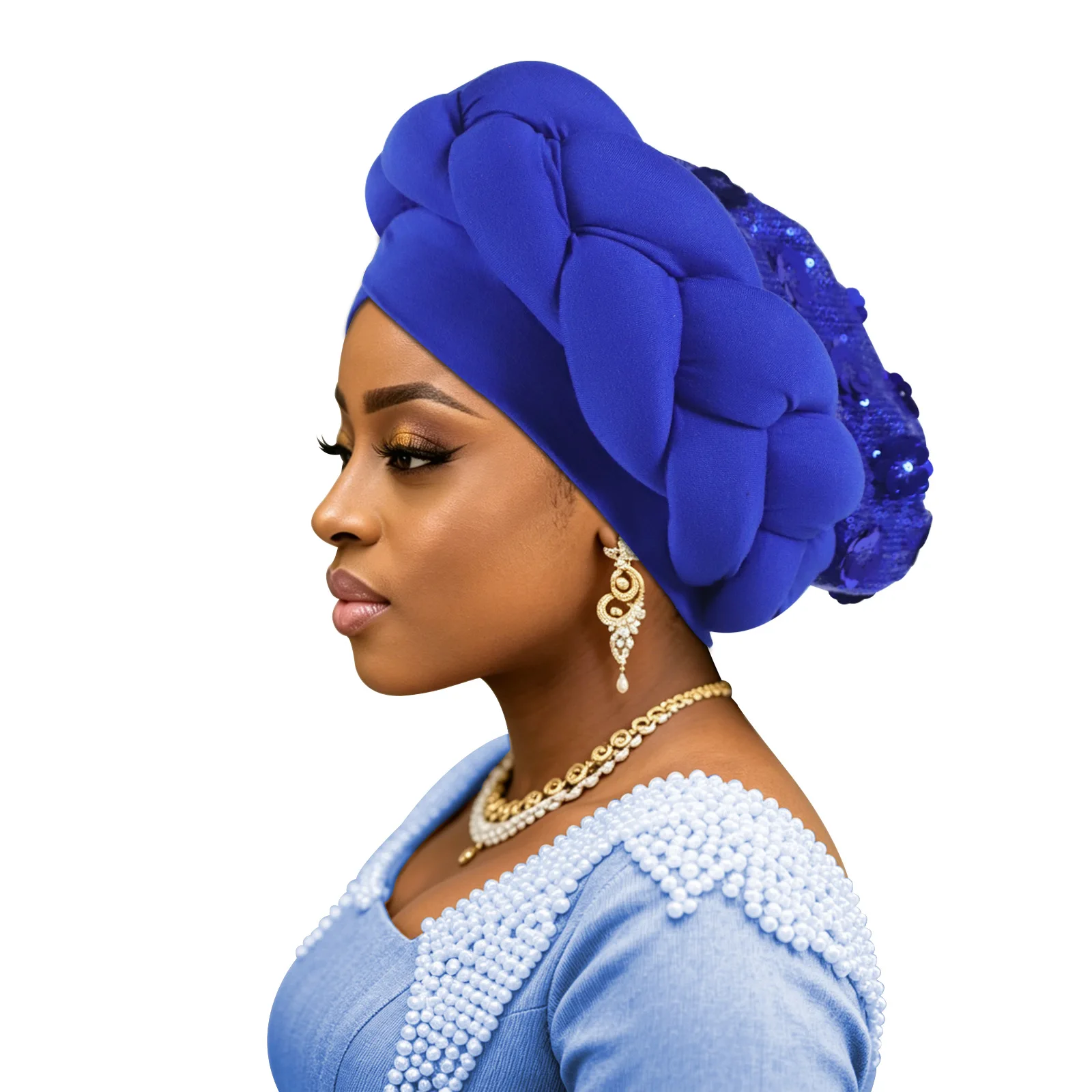 Exaggerated Braids Turban Cap for Women African Auto Gele Wedding Party Headwear Sequins Hat Bonnet Muslim Hijab Head Wrap Scarf