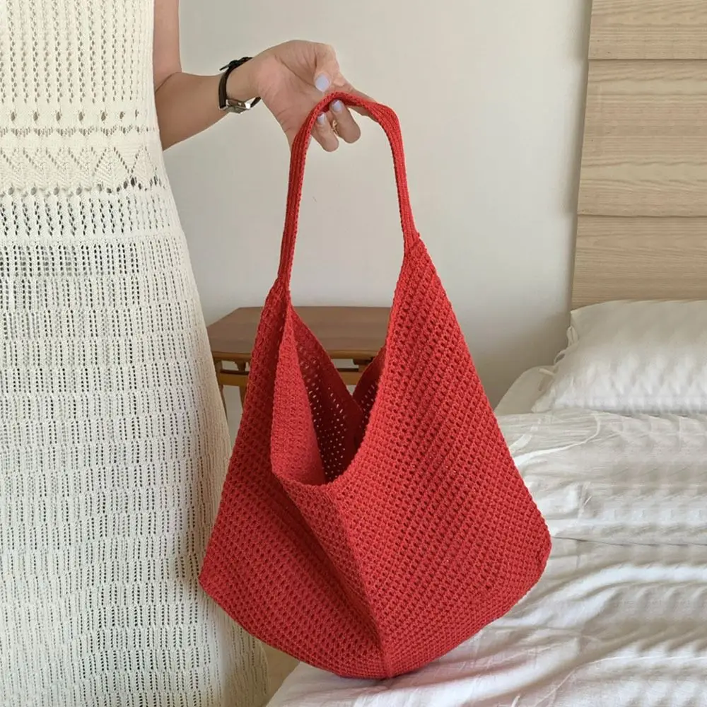 

Fashion Handmade Knit Shoulder Bag Solid Color Large Capacity Crochet Tote Bag Bohemian Hollow Out Woven Handbag Summer