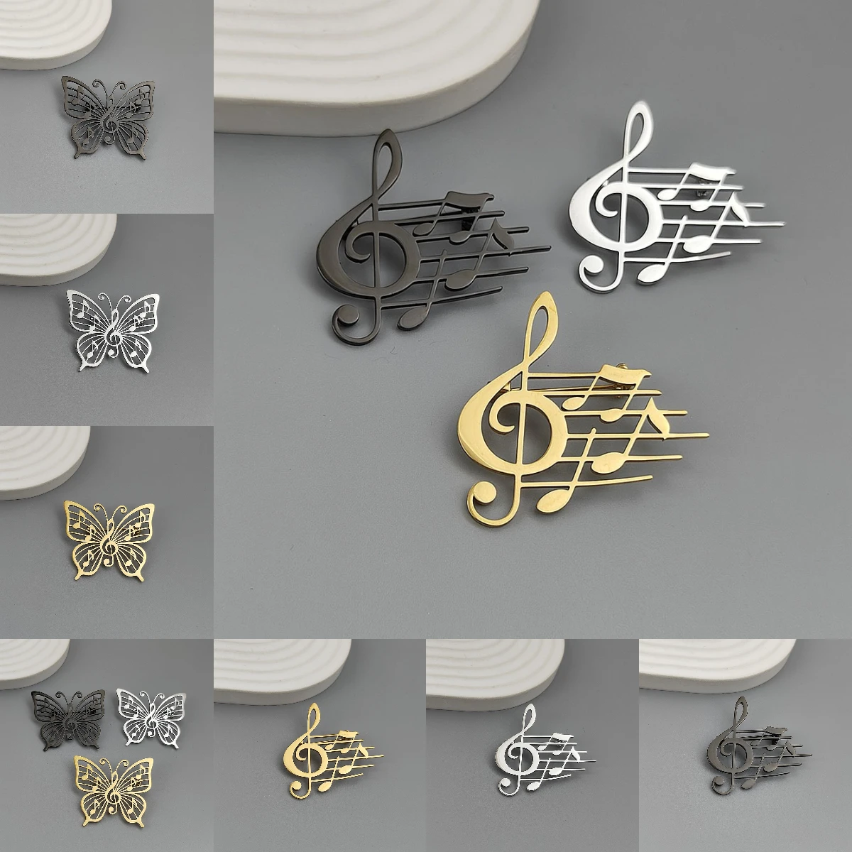 New music symbol score hollow stainless steel brooch jewelry, butterfly notes, suit shirt accessories