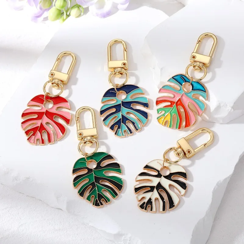 

100pcs/Lot Colorful Leaf Style Oil Dropflat Metal Pendant Keychain Rotationable Clasp Keyring Women Bag Key Holder Jewelry Strap
