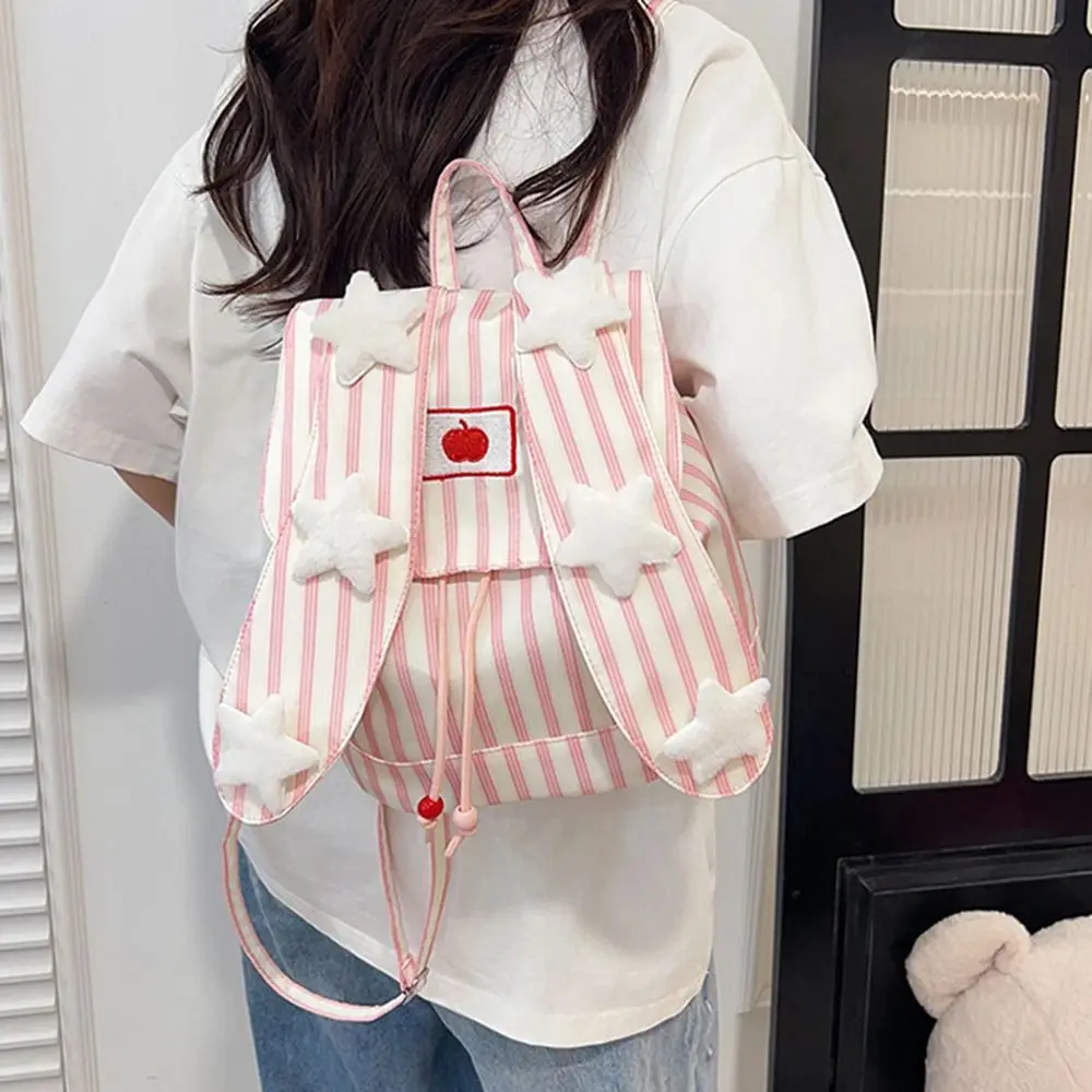 Canvas Backpack Rabbit Ear Backpack Canvas Rabbit Ear Flap Bunny Backpack Front Patch Detail Adjustable Shoulder Straps