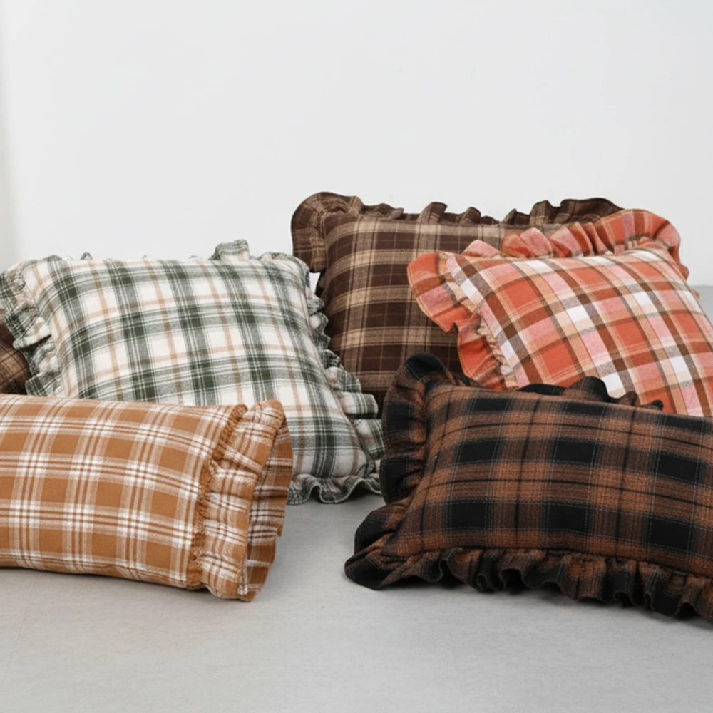 BUYNOW 1 STÜCK Zweifarbiger karierter Spitzenkissenbezug Britischer Vintage-Stil Countryside Cottage Sofa Kissenbezug Home Schlafzimmer Bett Dekor – Detail 5