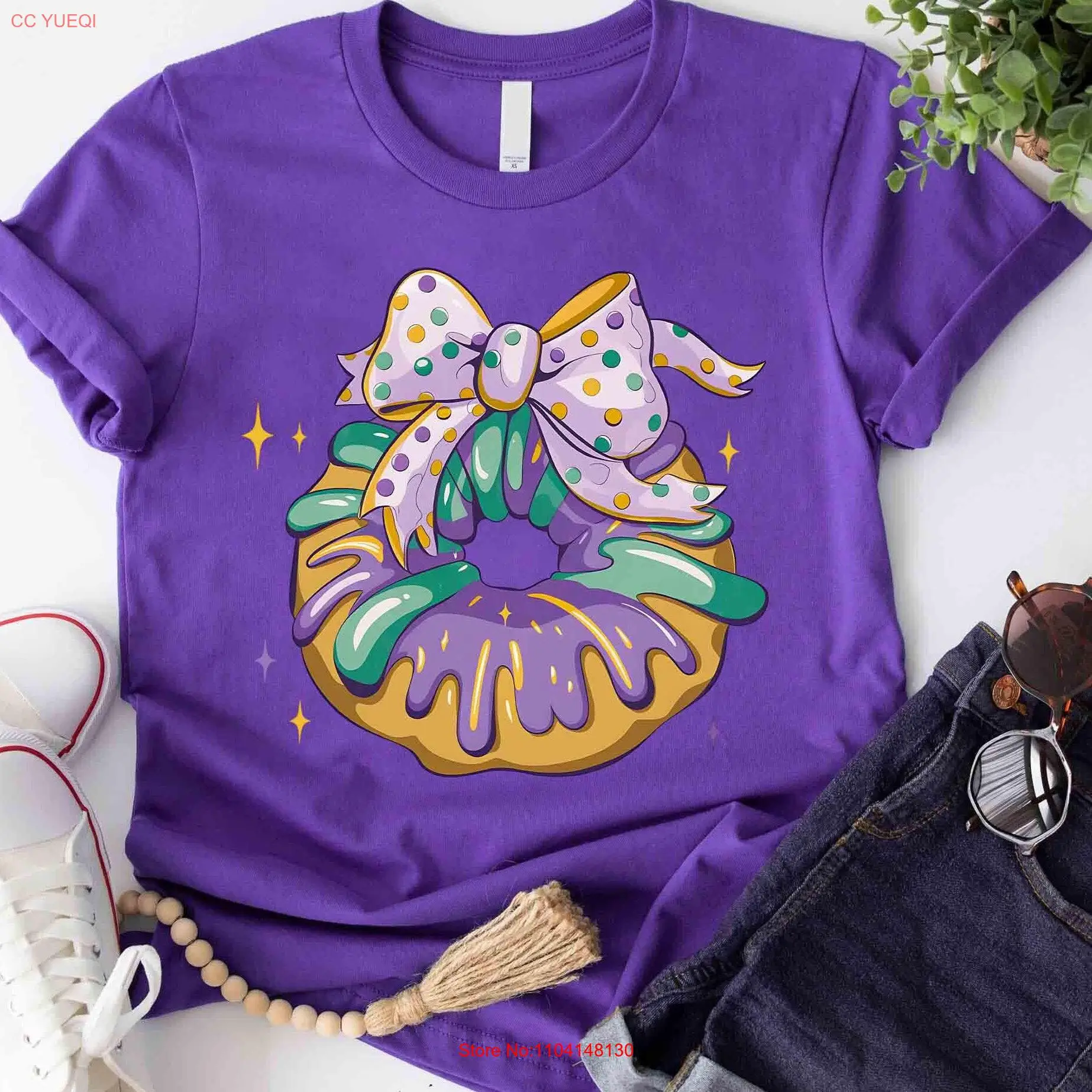 

Louisiana Mardi Gras T Shirt King Cake Coquette Bow Krewe Beads Festival New Orleans Carnival long or short sleeves
