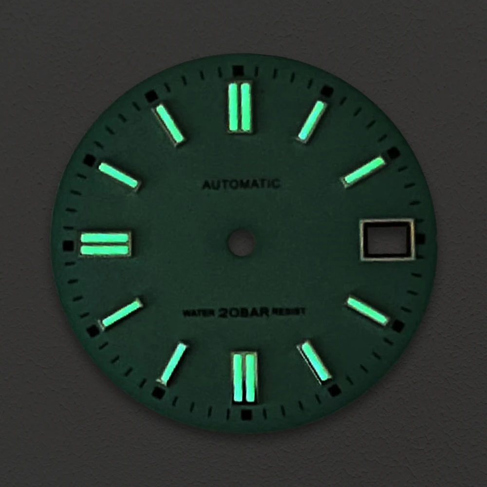 Esfera mate con logotipo S de 28,5mm compatible con movimiento japonés NH35/NH36/4R/7S, accesorios de modificación de reloj luminosos verdes de alta calidad 3/3,8