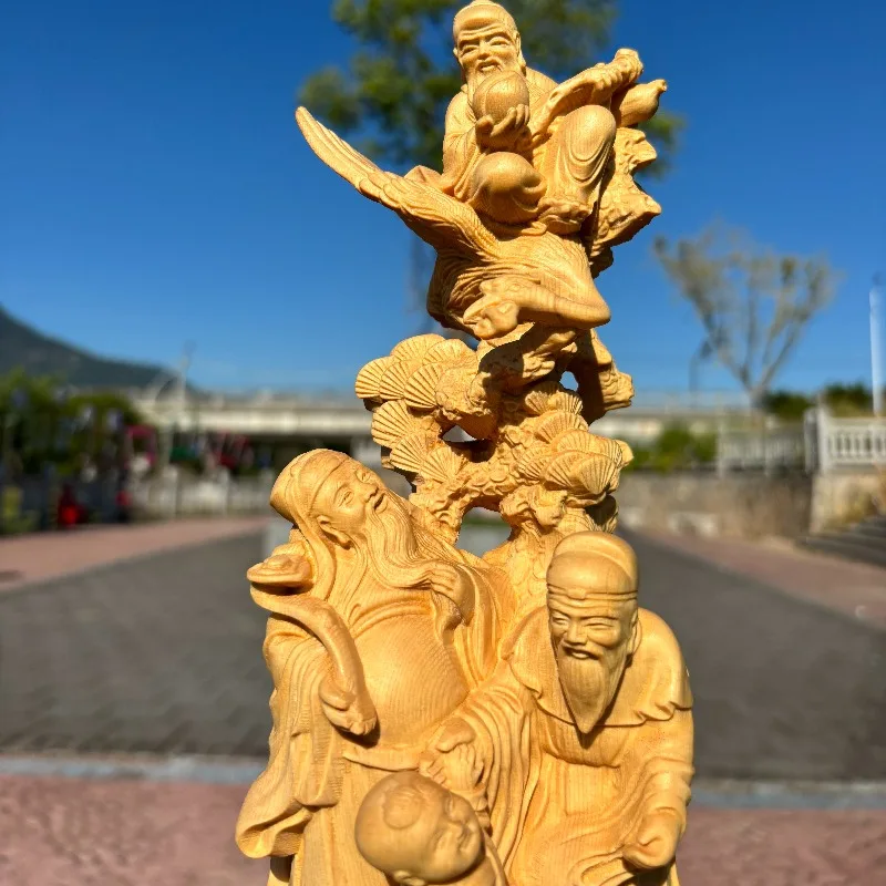 Hand-Carved Hinoki Wood Fuk Luk Sau Statue - 11.8