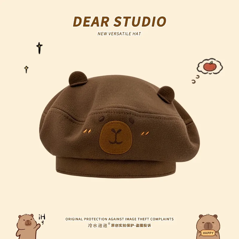 

Cute Little Ears Funny Berets Cap for Men and Women Spring Autumn Travel Fashion Versatile Show Face Smaall Retro Painter Hat