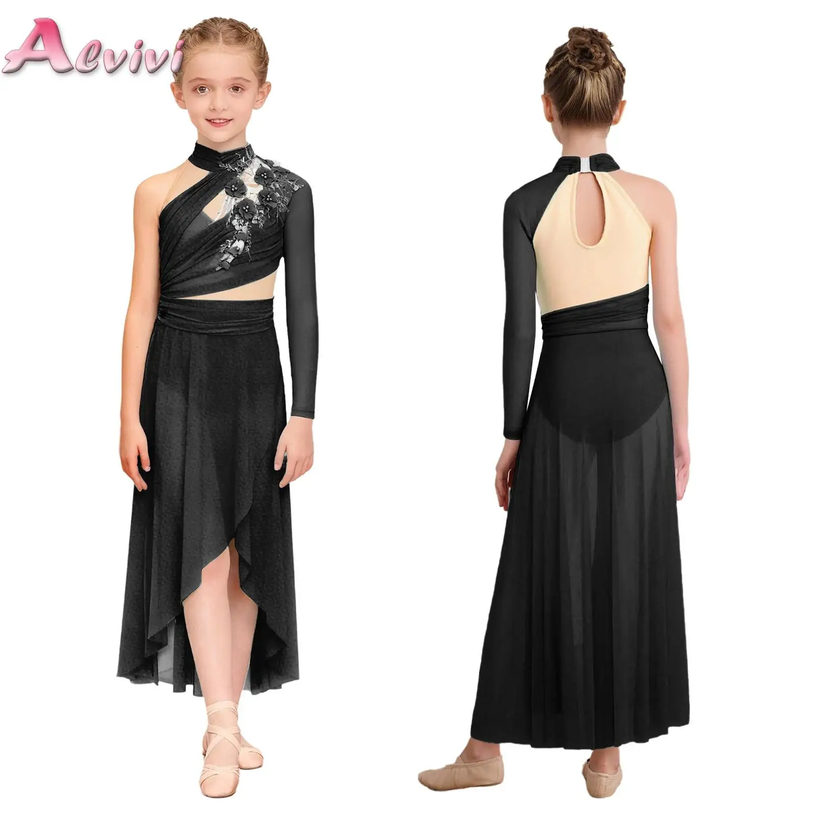 Kids Girls Delicate Applique Lyrical Dance Dresses Performance Costume Keyhole Back Side Split Irregular Hem Ruched Mesh Dress