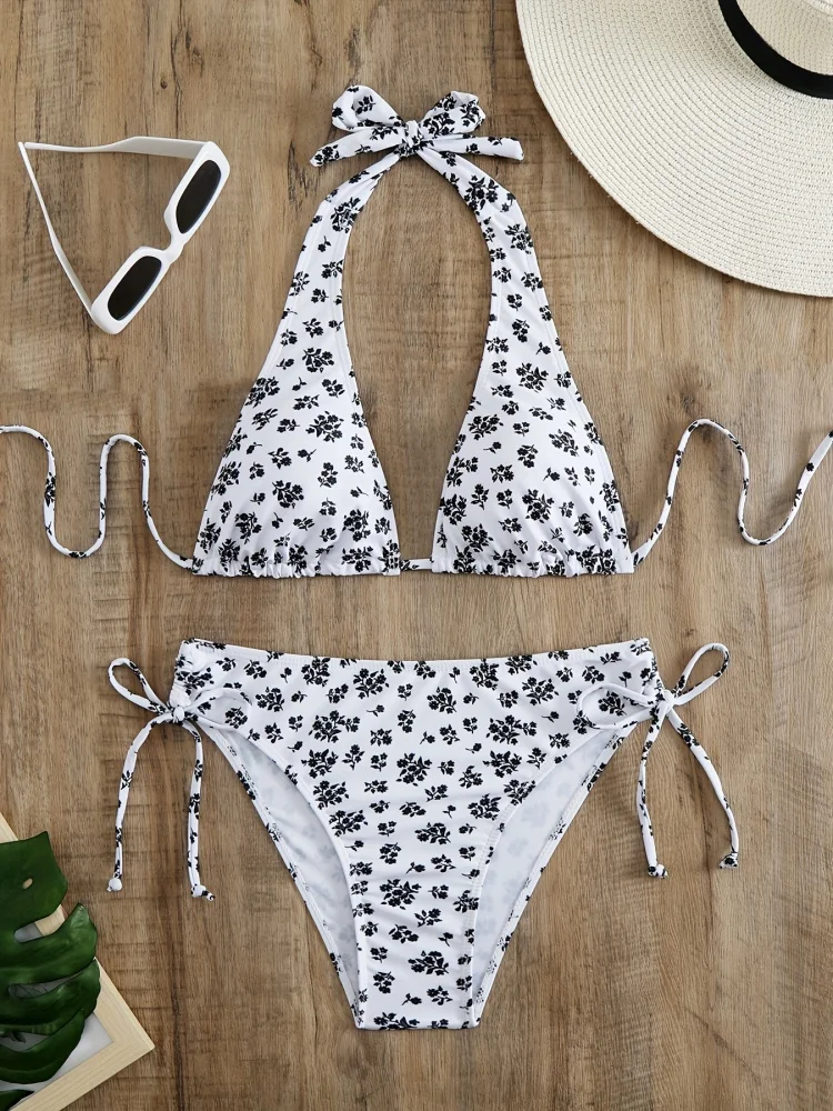 

Bikini Women Swimsuit 2025 New Flowers Halter Design Bikinis Set Sexy Lace Up Swimwear Summer 2 Piece Set Beachwear Bathing Suit