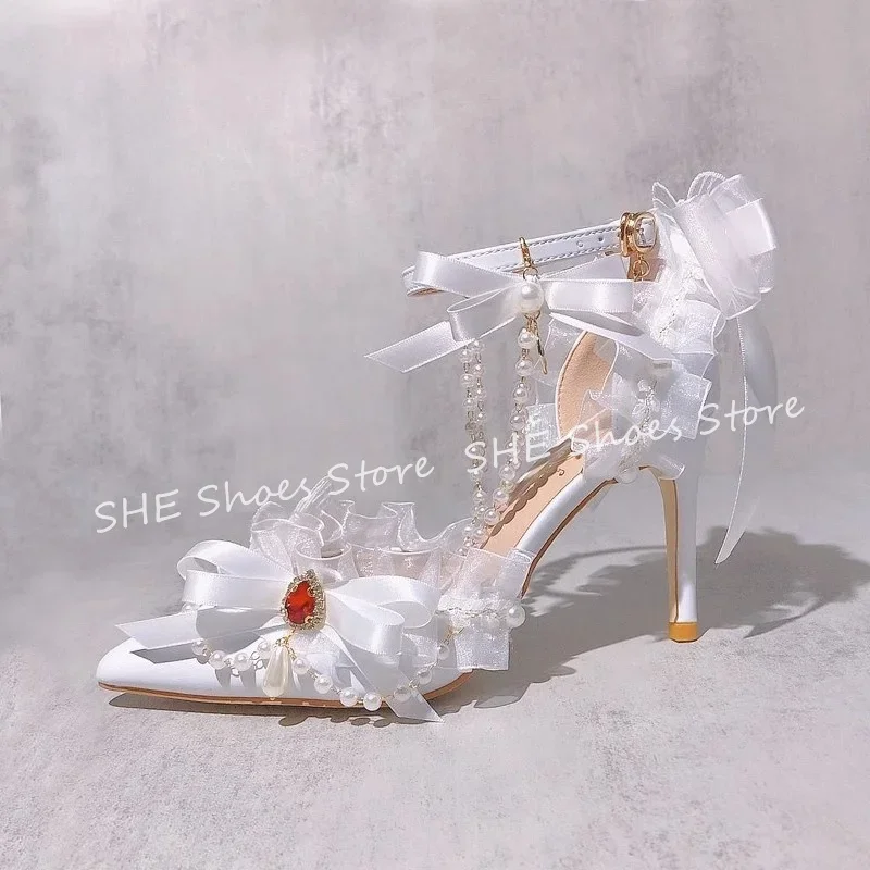 

Lolita Style Butterfly Knot Rhinestone Women Sandals Pointed Toe High Heel Lace-Up Pumps Ladies Wedding Party Dress Shoes