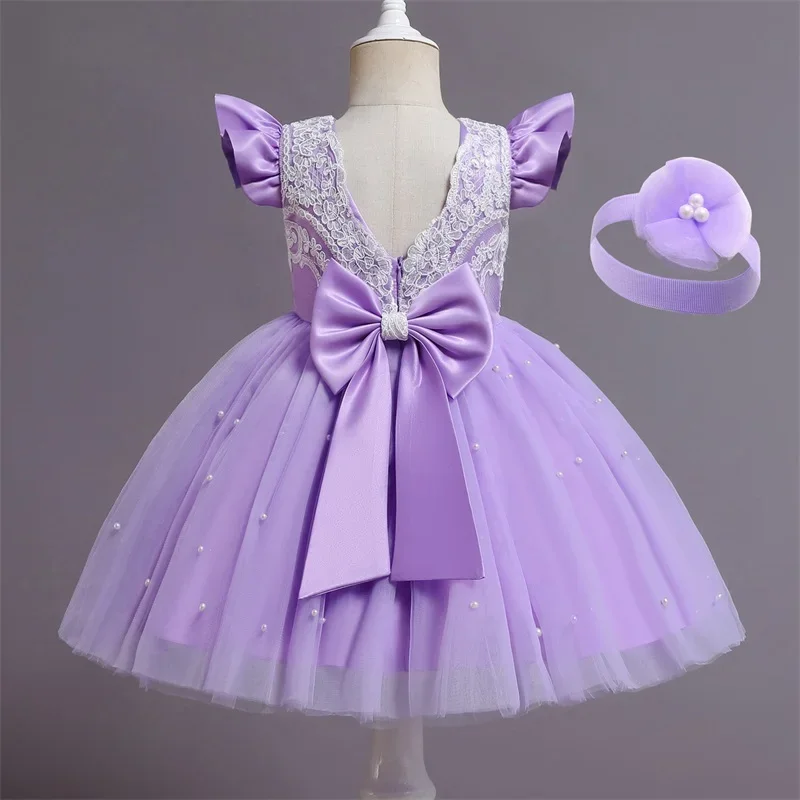 Summer Princess Baby Girls Tutu Dress Weddings Party Dress Birthday Dresses for Toddler Kids Pearls Bow Costumes Lace Gown 1-5Y