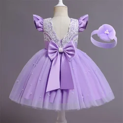 Summer Princess Baby Girls Tutu Dress Weddings Party Dress Birthday Dresses for Toddler Kids Pearls Bow Costumes Lace Gown 1-5Y