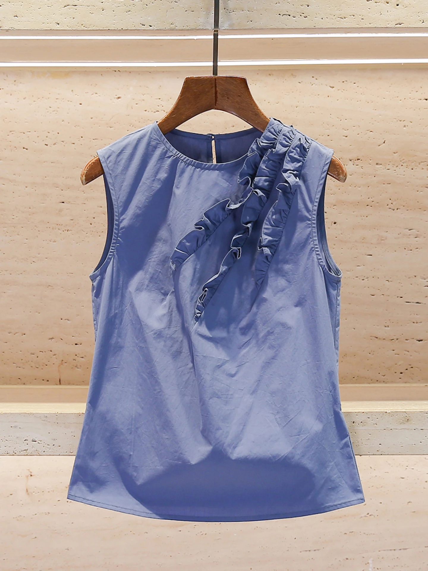 Casual Blue Shirt Vest Women's Premium Summer Fashion Commute Style H-Shape Short Length  Color round Neckline Outerwear
