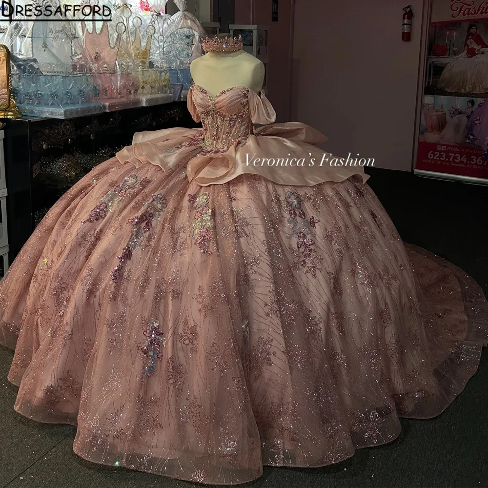 

Glitter Pink Princess Quinceanera Dresses Beads Sequins Appliques Crystals Beads Ball Gown Sweet 15th Prom Party Customized