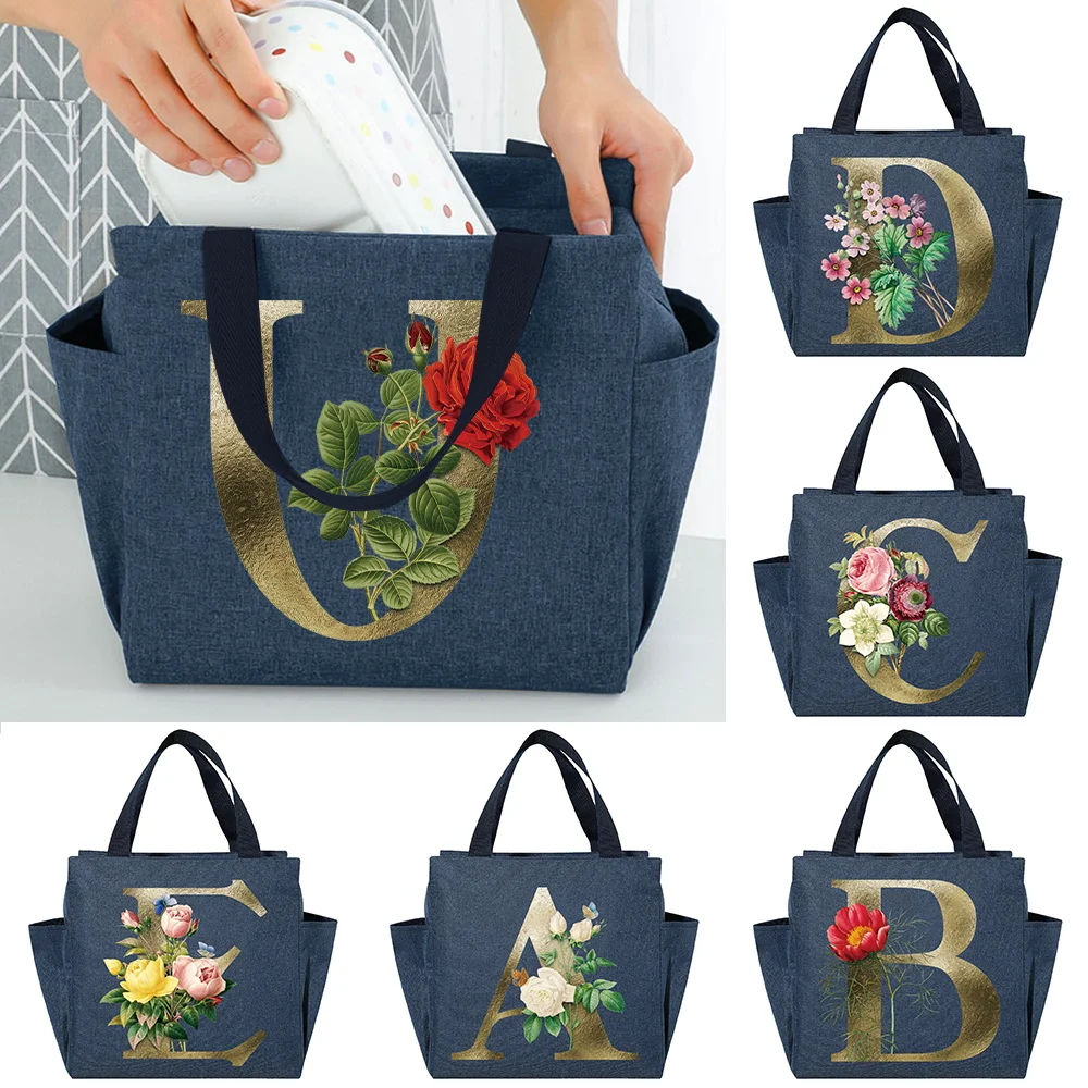 Lunch Bag Cooler Tote Portable Insulated Thermal Canvas Food Picnic Travel Lunch Bags Golden Letter Print Insulated Lunch Bag