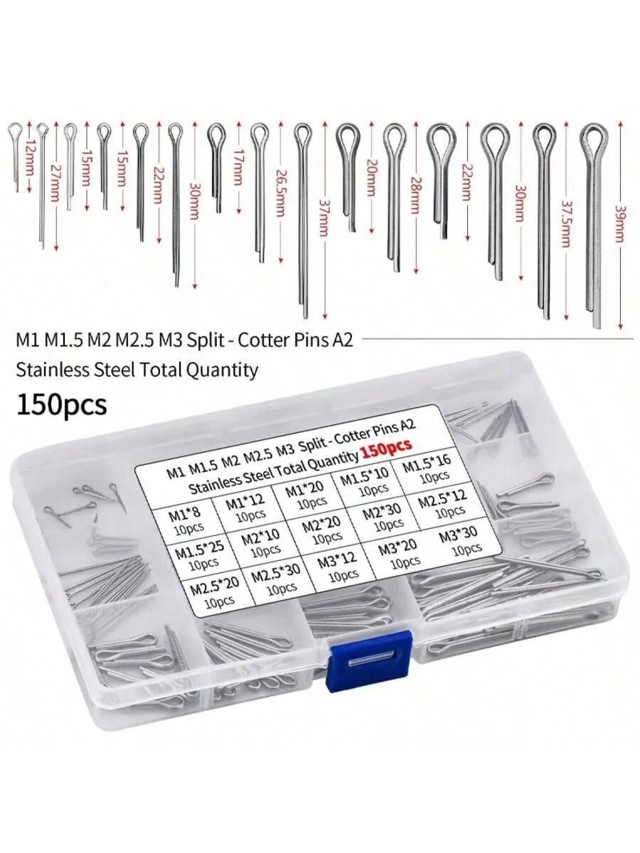 150PCS Stainless steel cotter pin kit,304 Stainless Steel Split Pin Assortment Kit +Box whistle hairpin U-pin