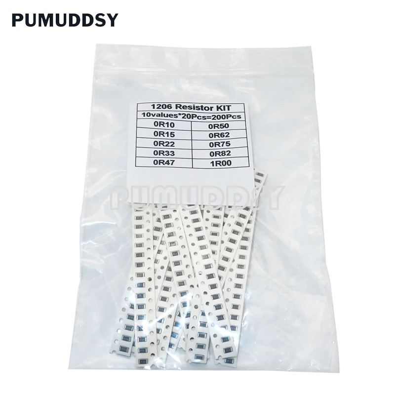 PUMUDDSY-Juego de UDS SMD, 200 Kit surtido de resistencias, 1%, 1206, 10, ValueX20, Uds = 200, uds, 1R00, R820, R750, R620, R500, R470, R330, R220, R150, R100